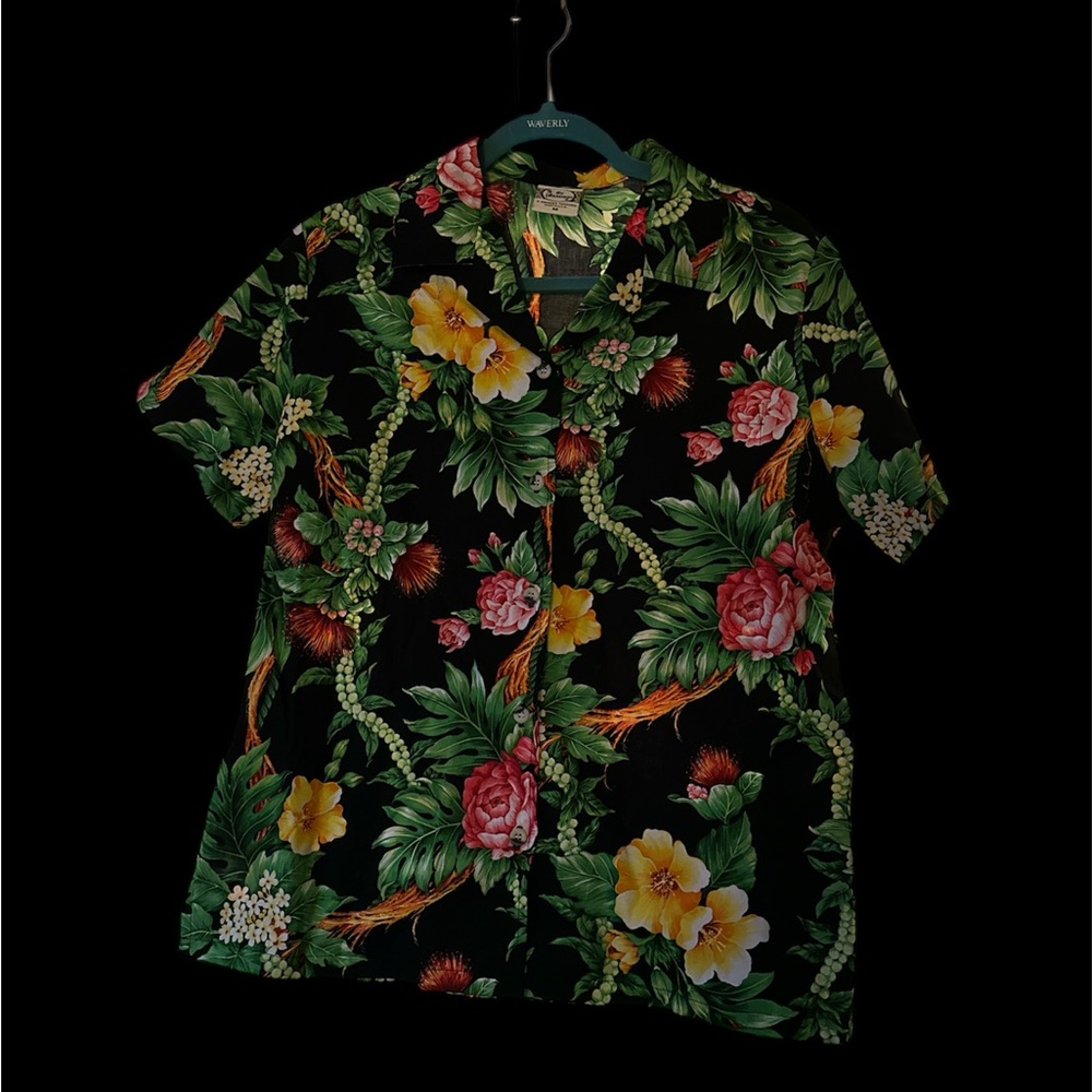 Tropical Floral Button Down Shirt - Black with Multicolor Design